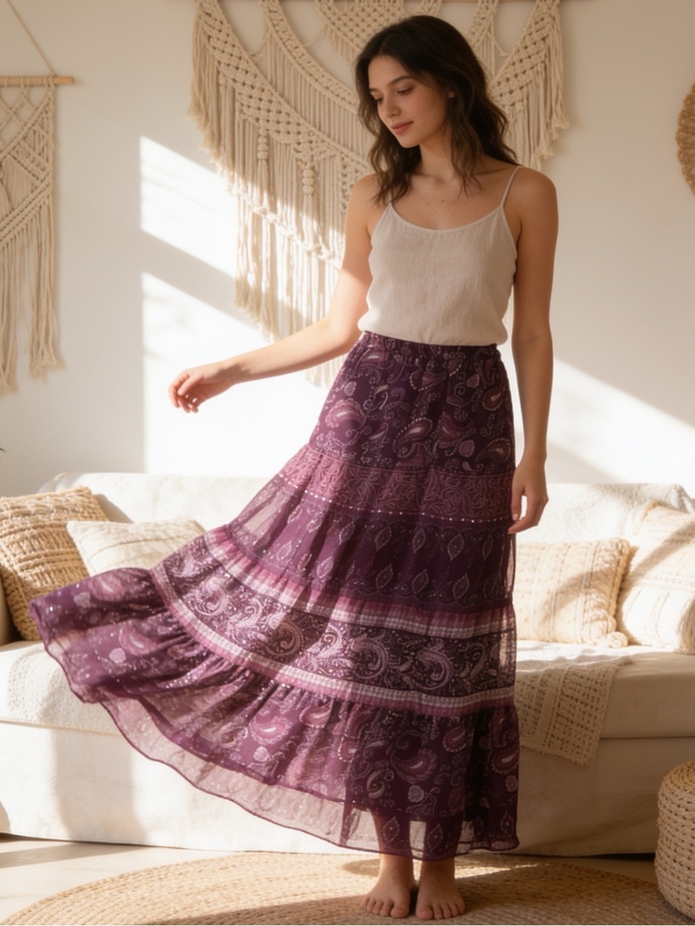 NWT Vintage Macy's 1994 tiered,maxi,purple & pink with gold beading boho style